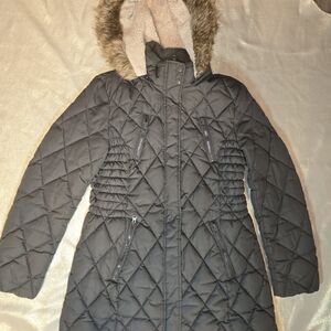 Laundry By Design Faux Fur Trimmed Cinched Waist Quilted Puffer Jacket Size L